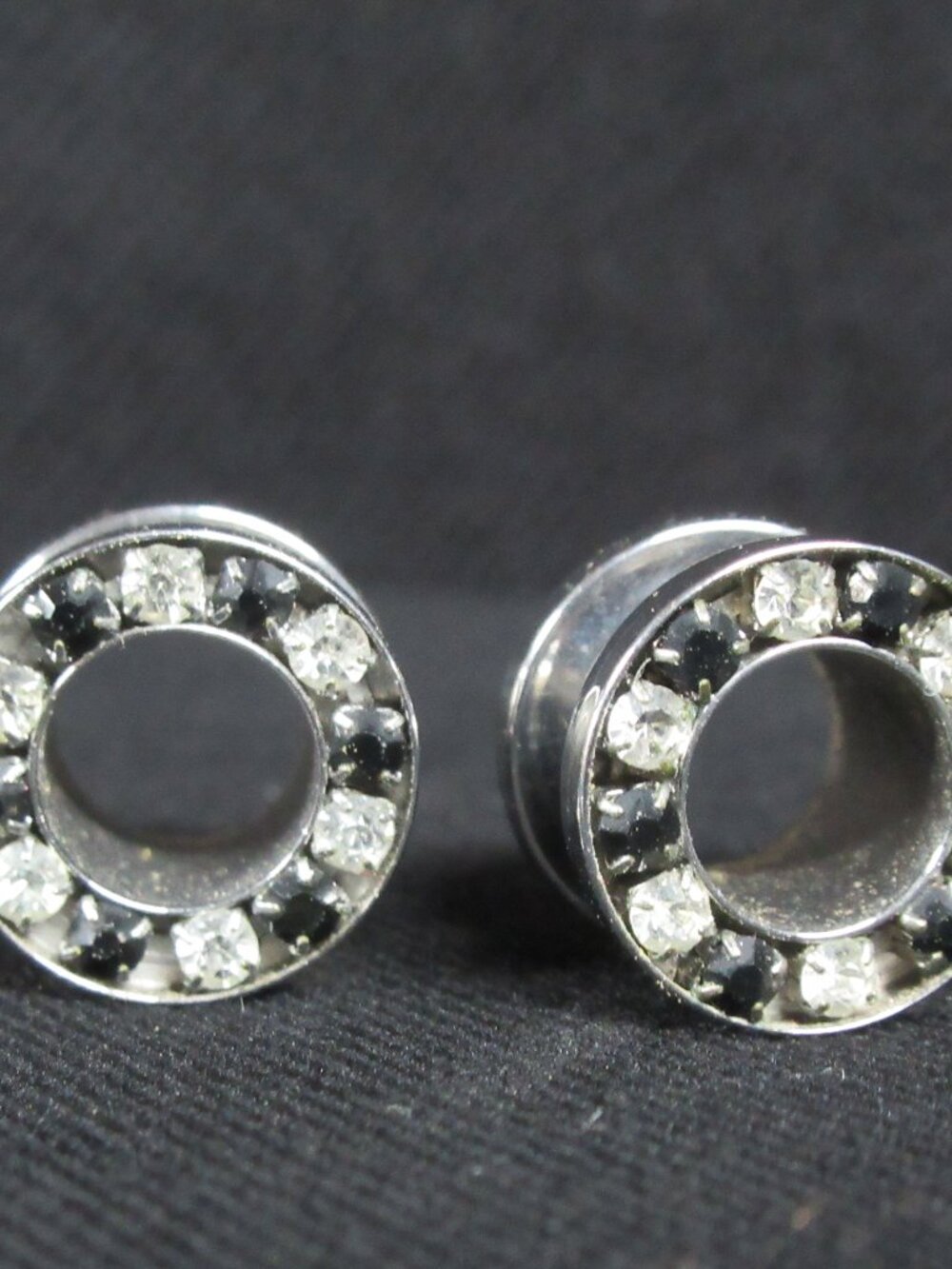 00g Black and White Rhinestone Screw Back Tunnels